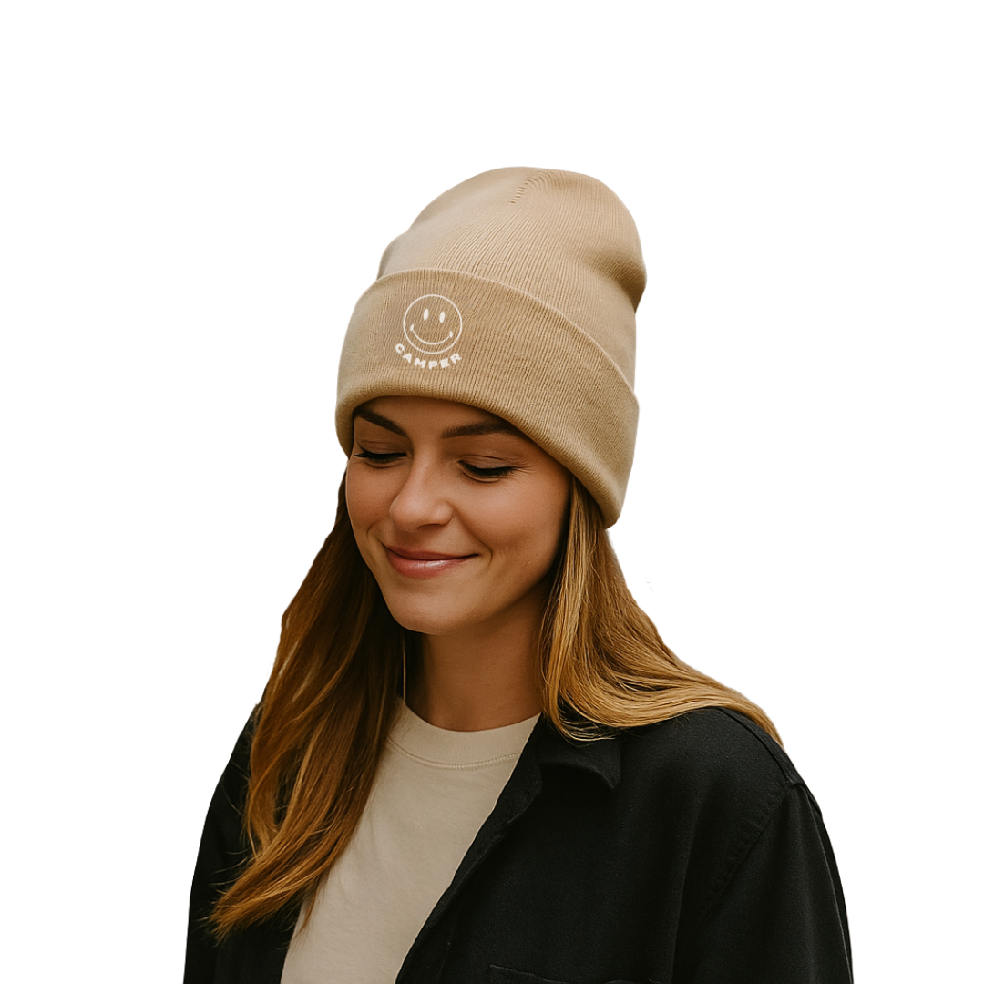beige smiley beanie