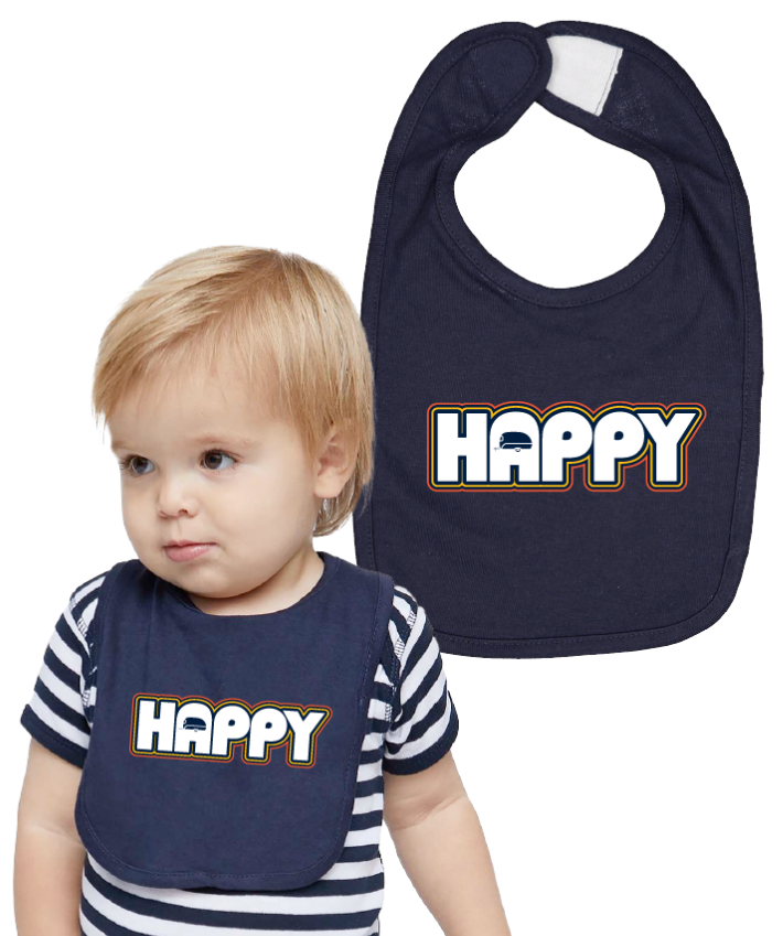dark blue baby bib with vintage happy logo
