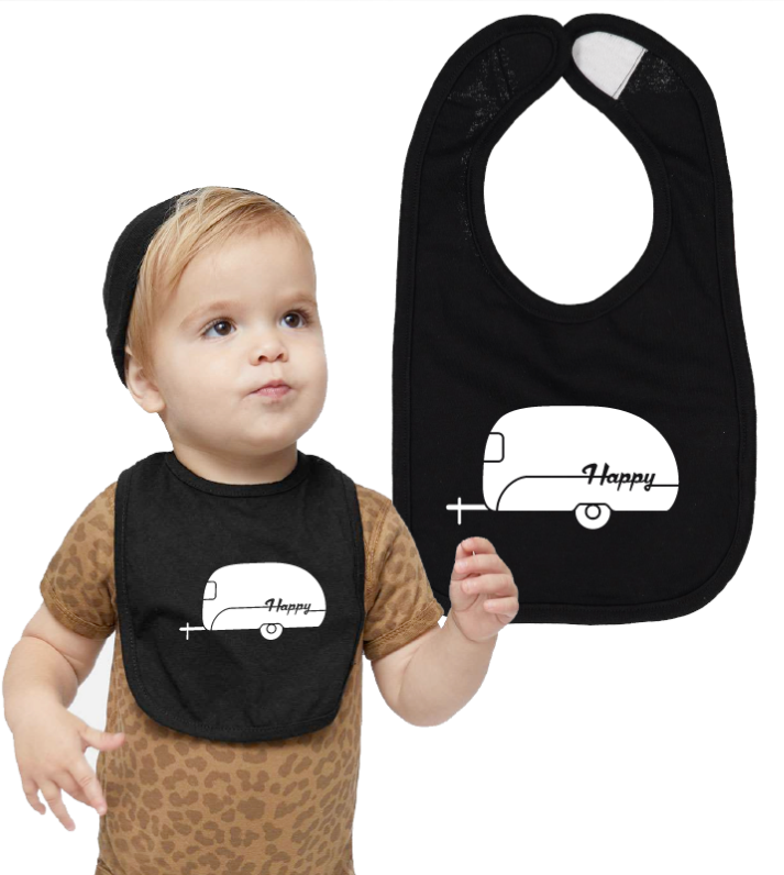 black happy camper baby bib
