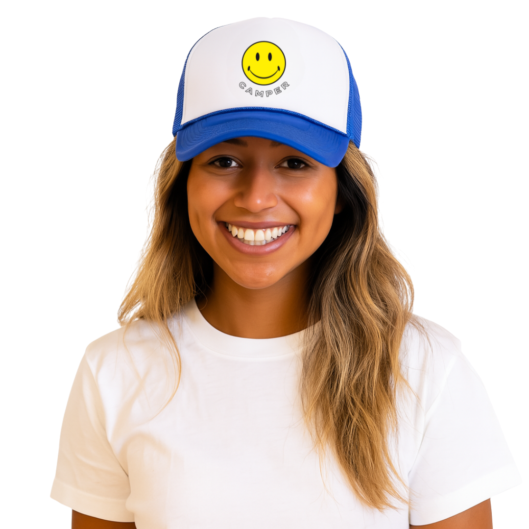 blue smiley trucker hat