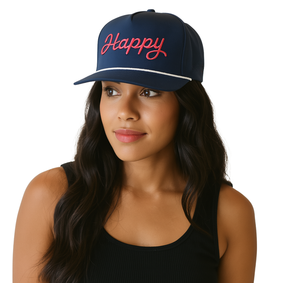 navy happy script hat