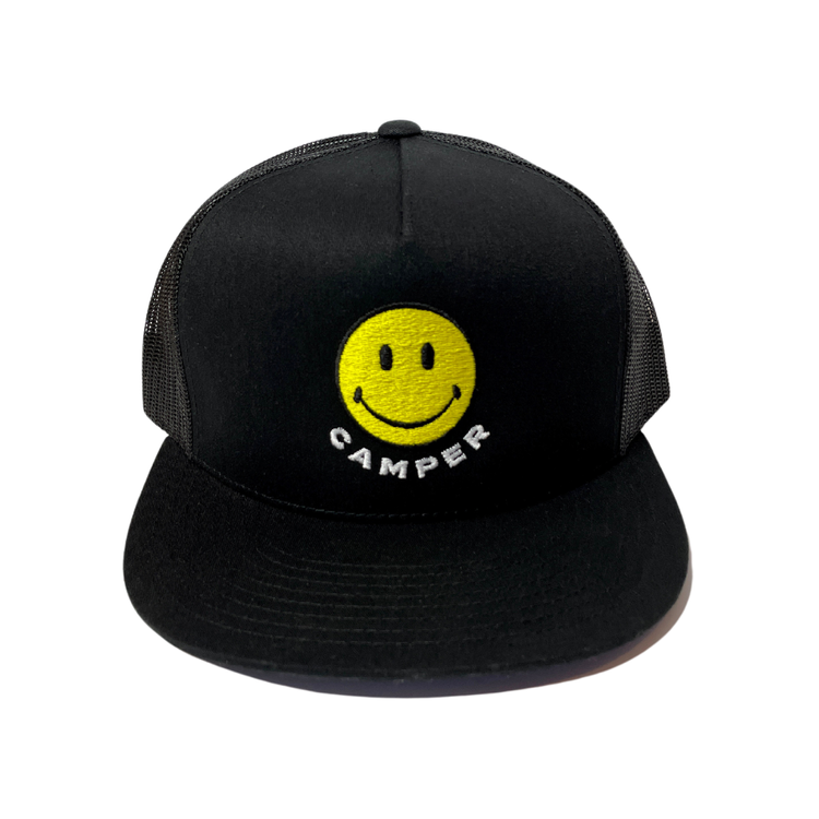 black smiley flat brim hat