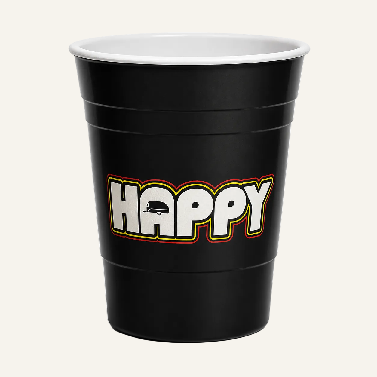 A black plastic party cup with a white interior, featuring the word 'HAPPY' printed on the front in white block letters with a red and yellow outline.