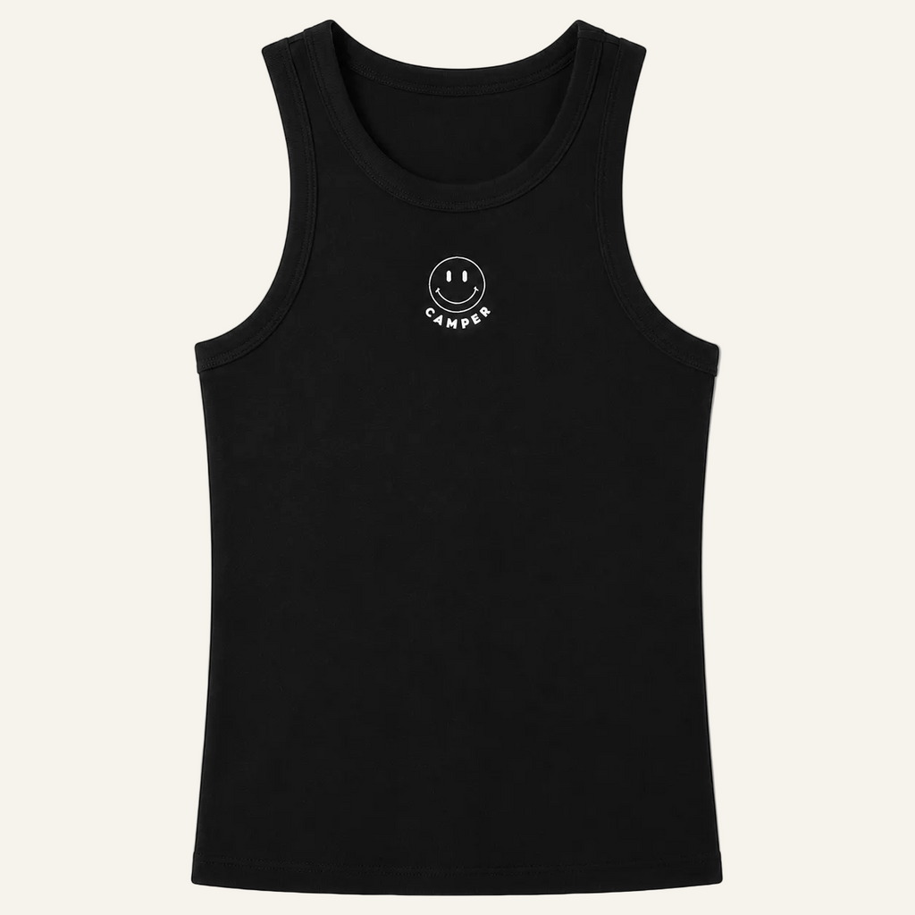 Black tank top with a smiley face logo on a white background
