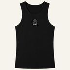 Black tank top with a smiley face logo on a white background