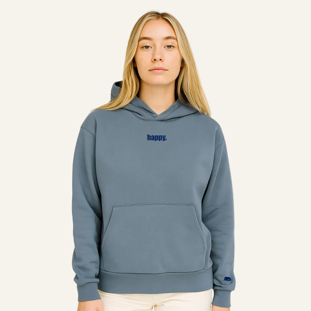 happy embroidered hoodie-blue