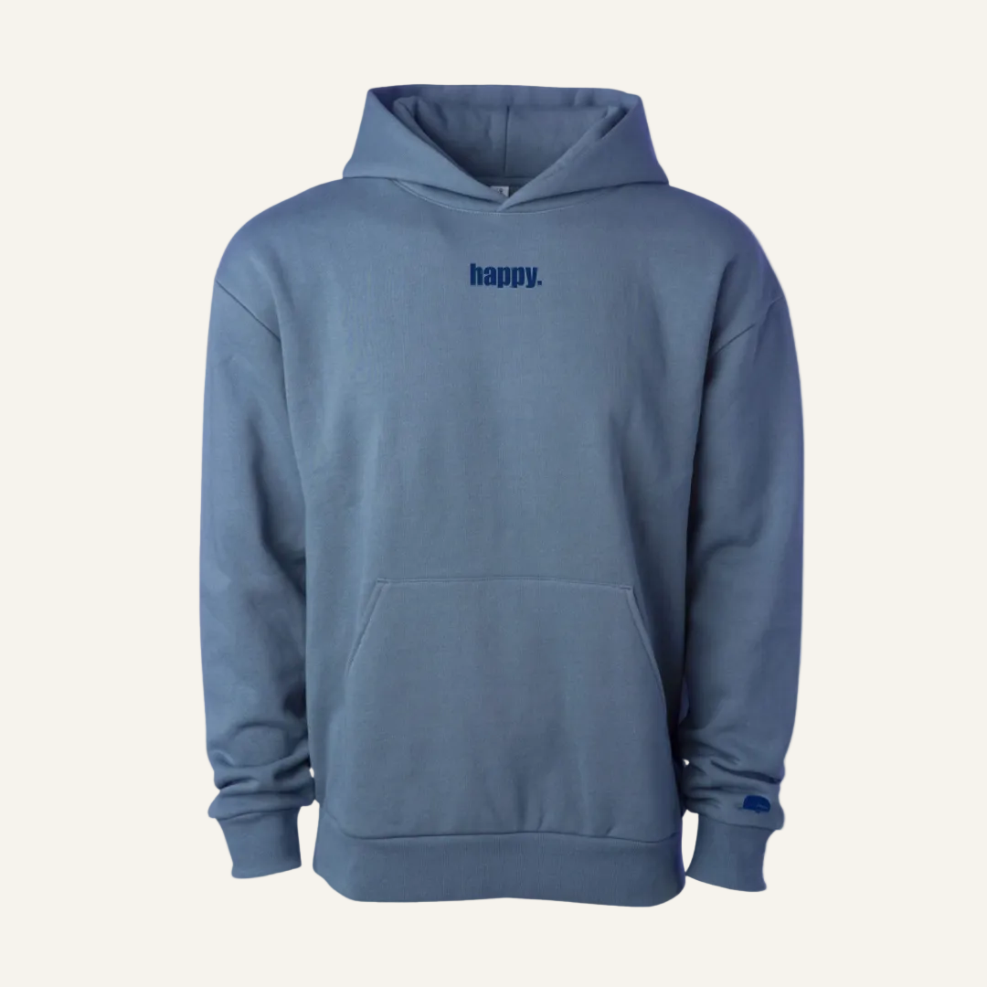 happy embroidered hoodie-blue