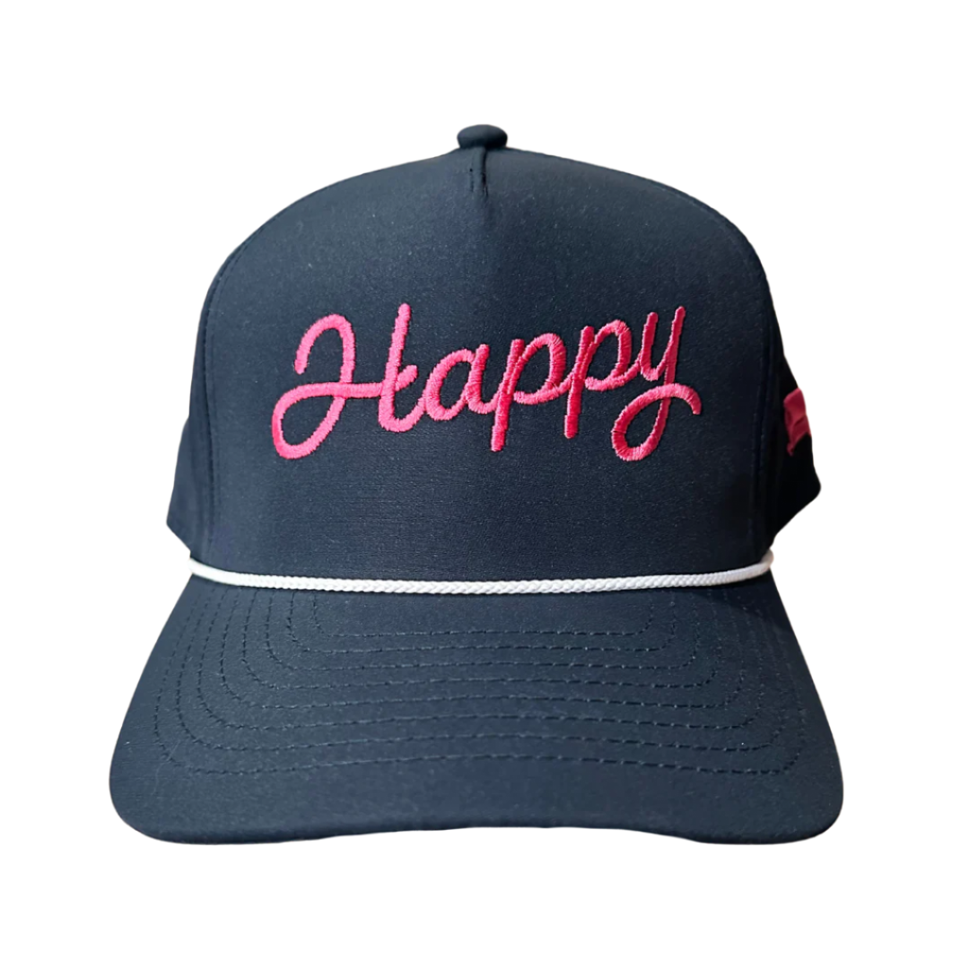 navy happy script hat