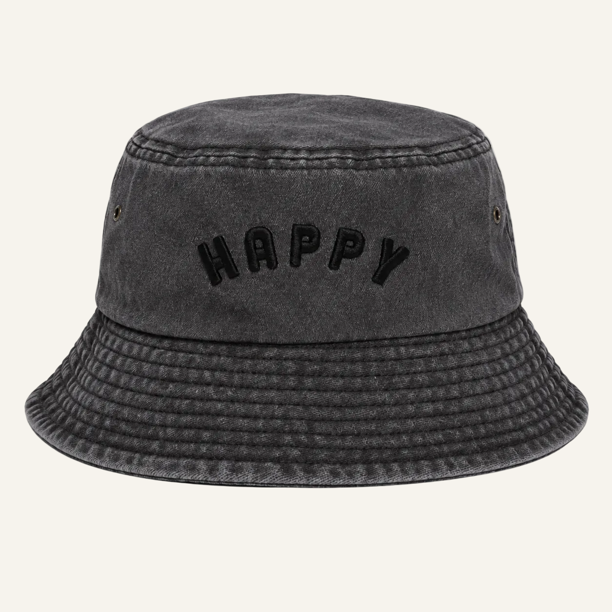 A dark gray washed cotton bucket hat with the word 'HAPPY' embroidered in black across the front, shown against a plain white background.
