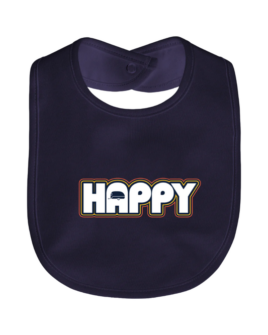 dark blue baby bib with vintage happy logo
