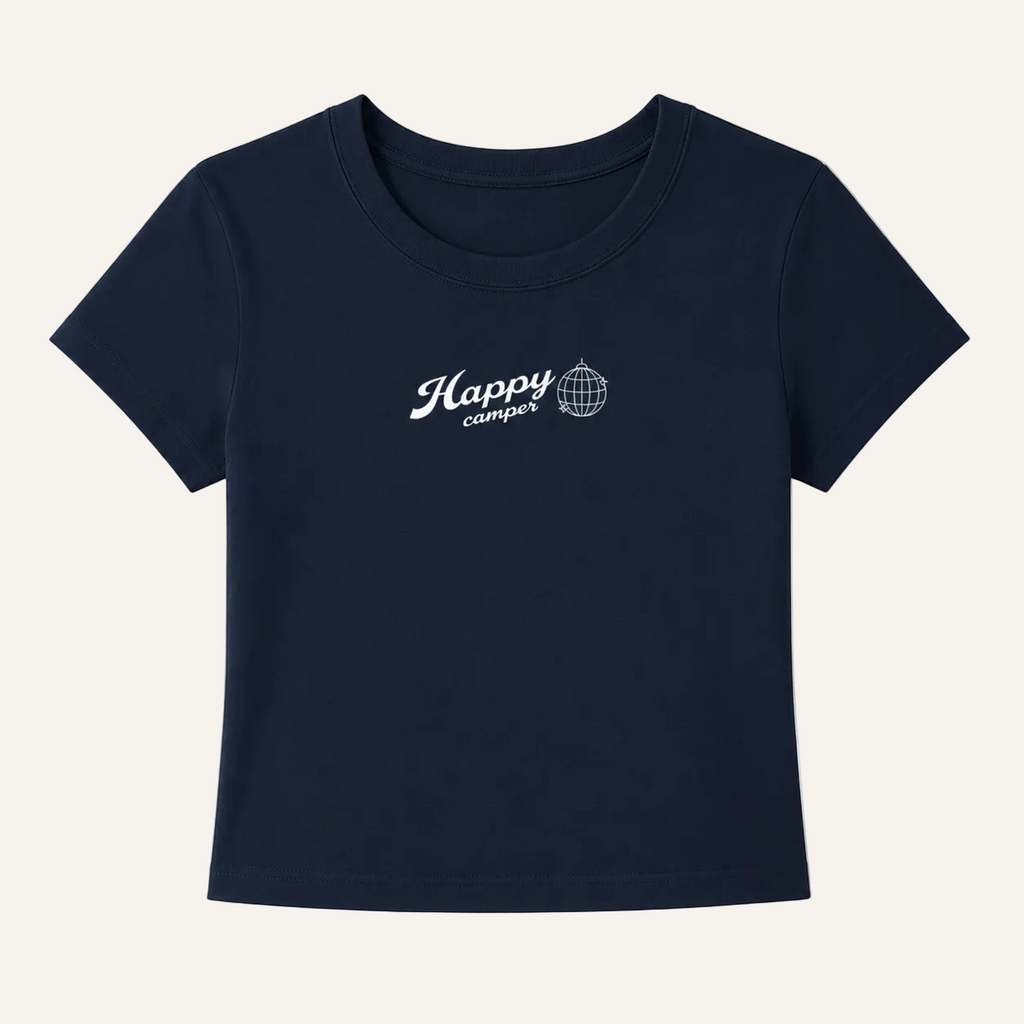 Navy blue t-shirt with 'Happy camper' text on a white background
