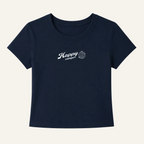 Navy blue t-shirt with 'Happy camper' text on a white background