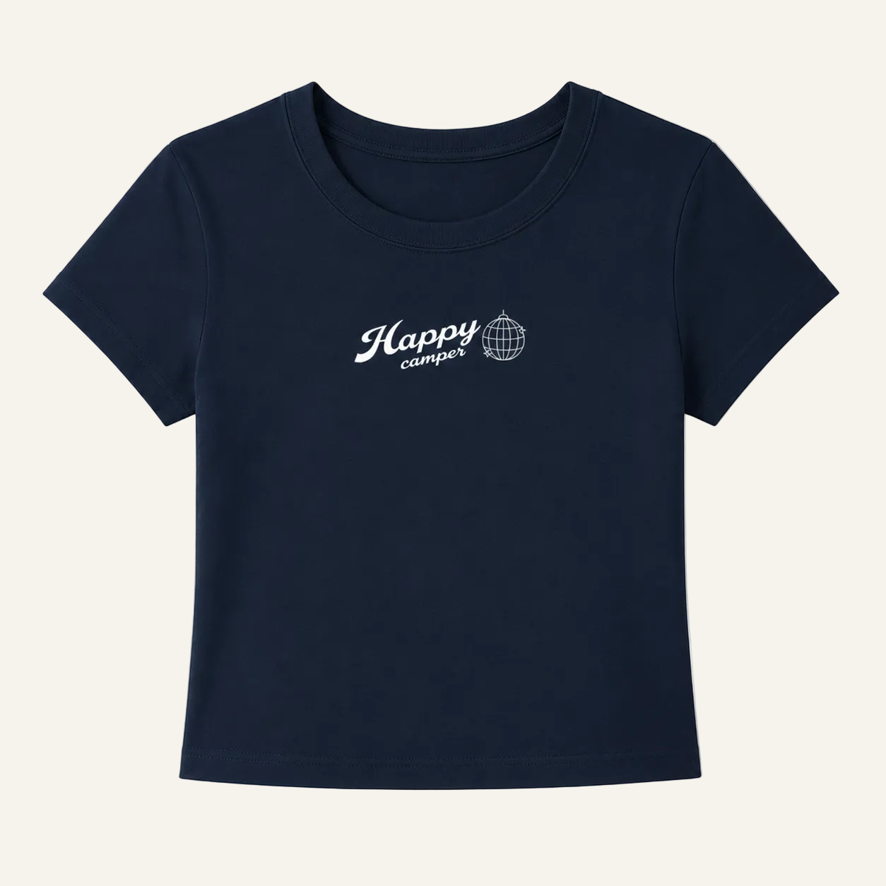 Navy blue t-shirt with 'Happy camper' text on a white background