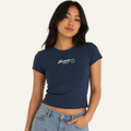Woman wearing a navy blue t-shirt with 'Happy camper' text on a white background