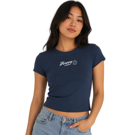 Woman wearing a navy blue t-shirt with 'Happy camper' text on a white background