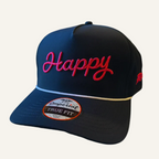 A navy blue baseball cap with the word 'Happy' written in pink script on the front.
