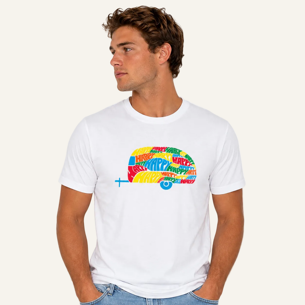 A man wearing a white crew-neck t-shirt with a colorful retro camper graphic on the chest, paired with light blue jeans, set against a plain white background.
