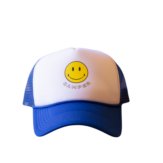 blue smiley trucker hat