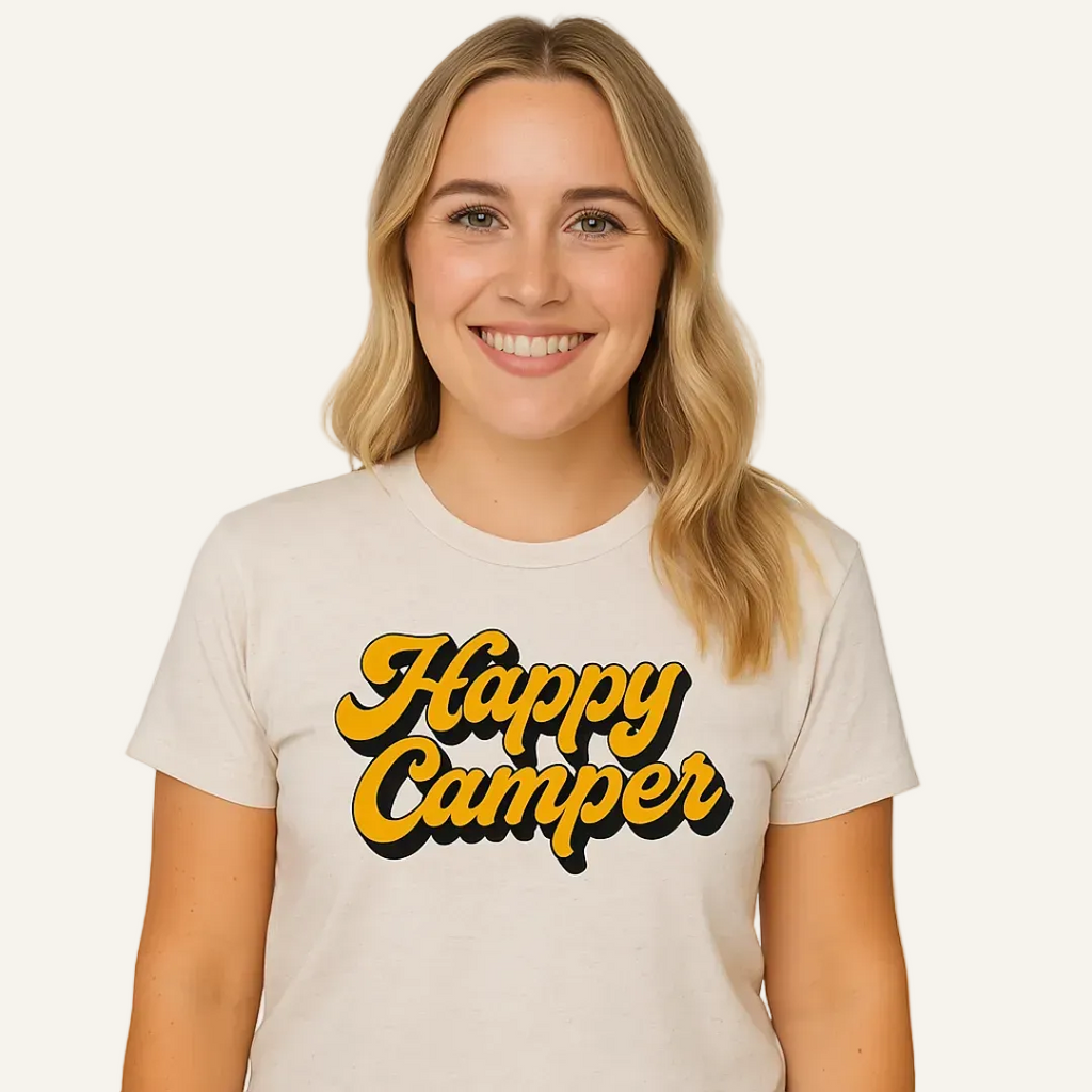 Woman wearing a 'Happy Camper' t-shirt on a white background