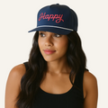 navy happy script hat