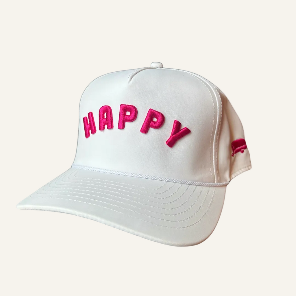 pink and white happy hat